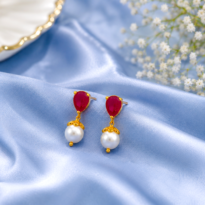 Unniyarcha 925 Pure Silver Red Drop Pearl Stud Earrings