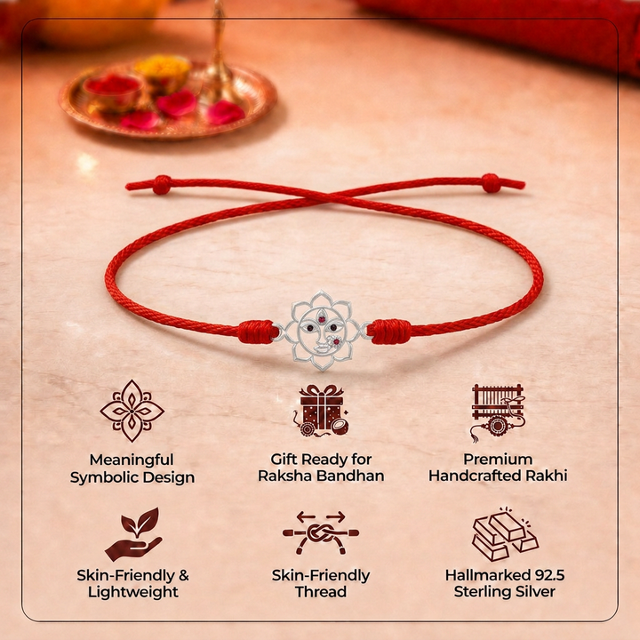 92.5 Silver Durga Maa Red Thread Rakhi with Chandan Tilak set