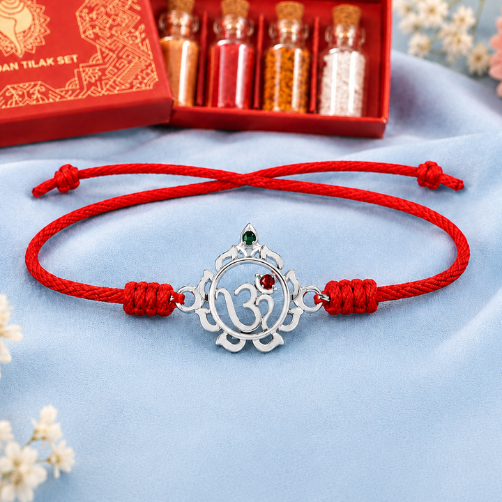 Unniyarcha 925 Pure Silver Om and Sudarshan Chakra Rakhi with Chandan Tilak set