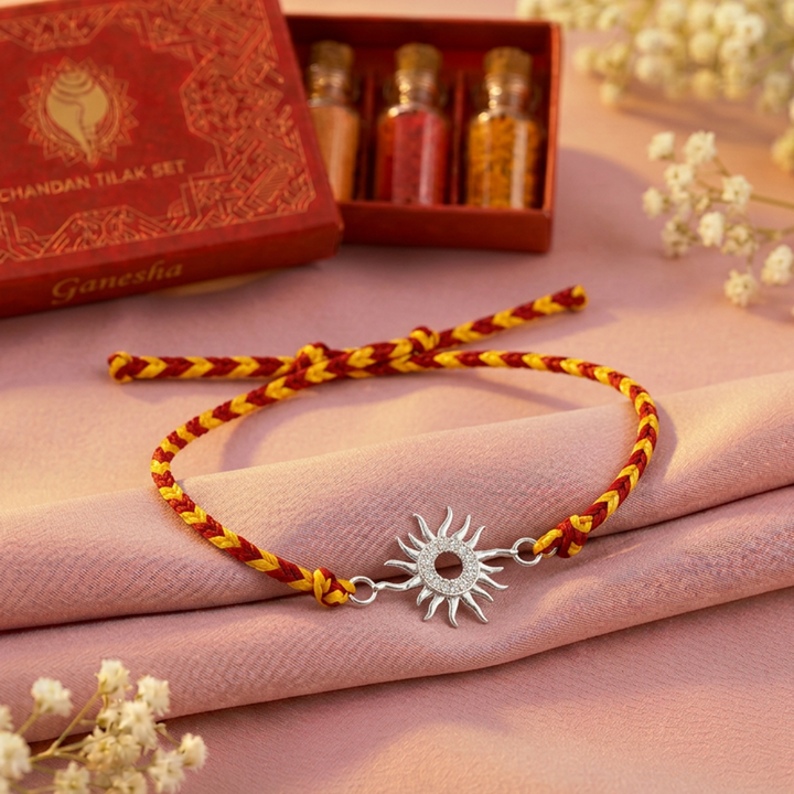 Pure 92.5 Silver Sun Rakhi with Chandan Tilak Set