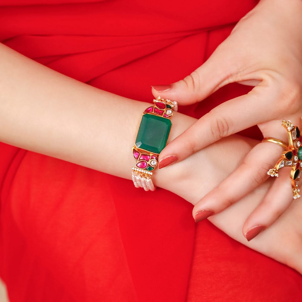 Mithu Emerald Charm Silver 24k Gold Plated Bracelet