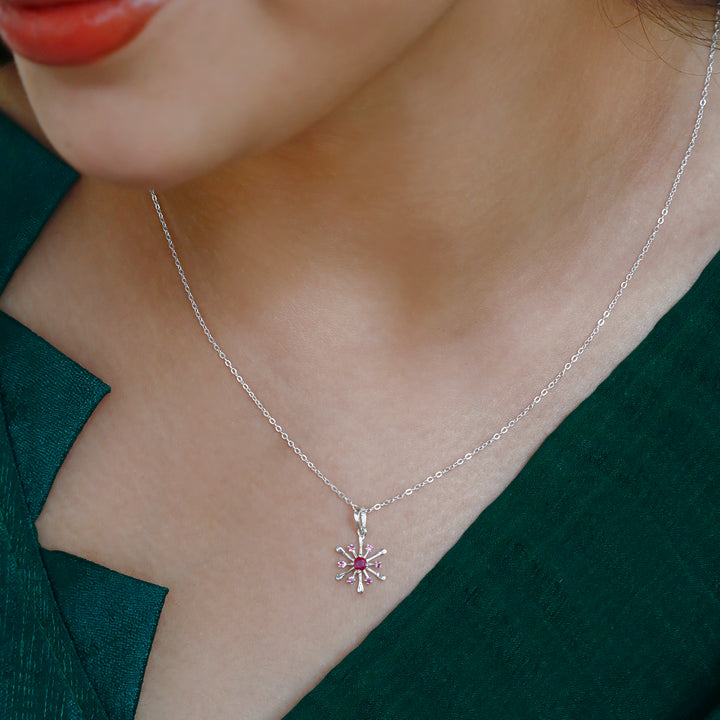 925 Pure Silver Red Zircon Snowflake Starburst Pendant Necklace