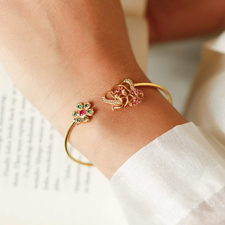 925 Pure Silver Floral Elephant Cuff Bracelet
