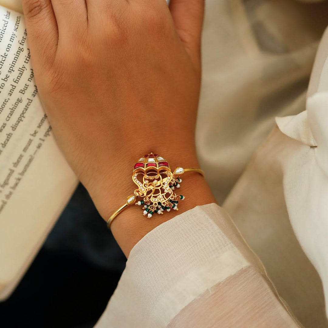 925 Pure Silver Red & White Umbrella Kundan Elephant Cuff