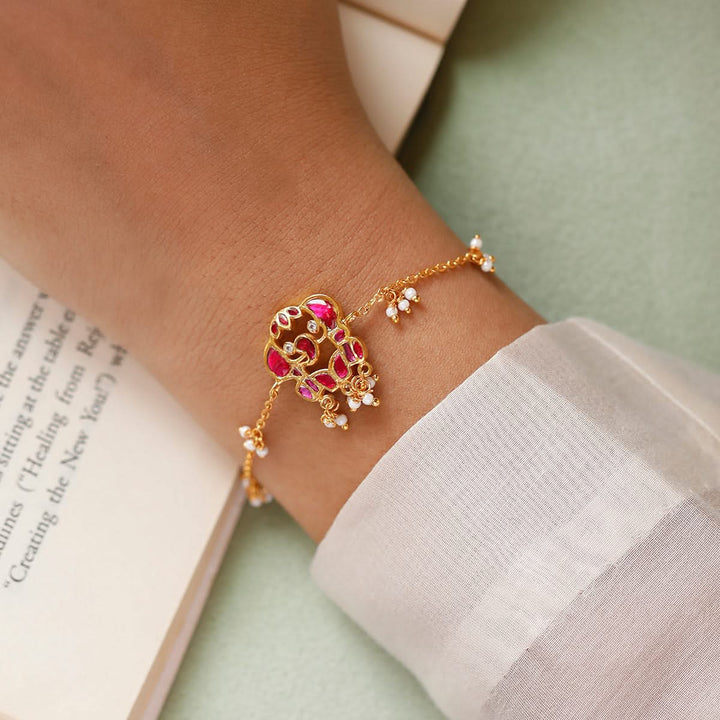 925 Pure Silver Red Kundan Elephant Bracelet