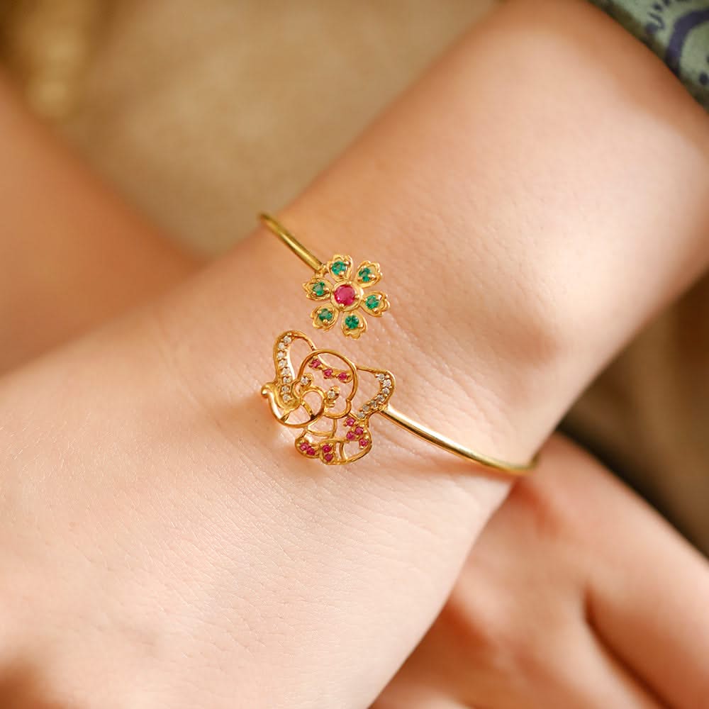 925 Pure Silver Floral Elephant Cuff Bracelet