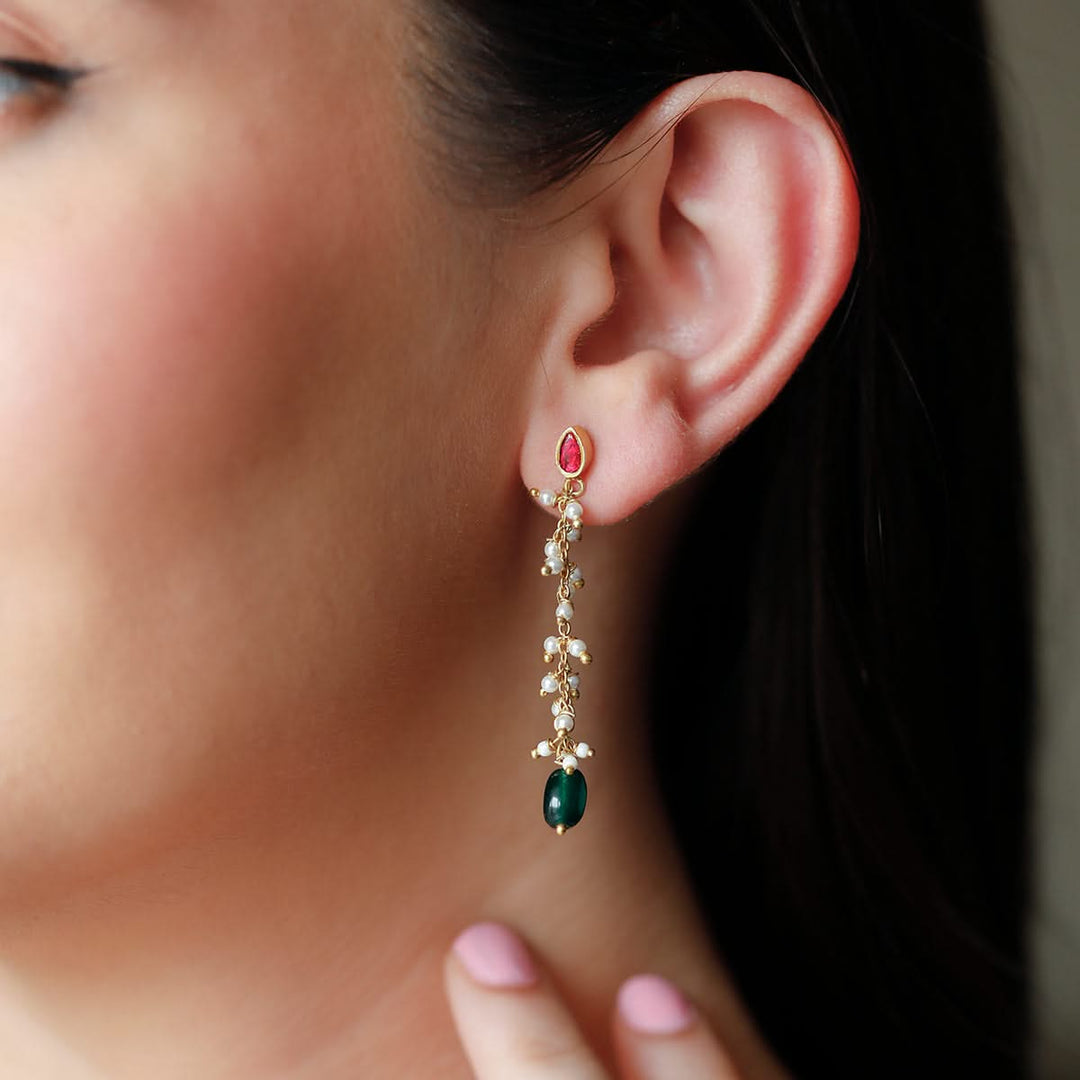 925 Pure Silver Gold-Plated Heirloom Sleek Pearl & Green Drop Earrings