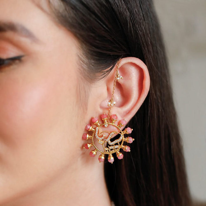 925 Pure Silver Pink Halo Elephant Ear-Chain Earrings