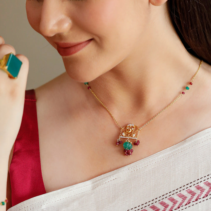 925 Pure Silver Elephant & Gemstone Floral Necklace