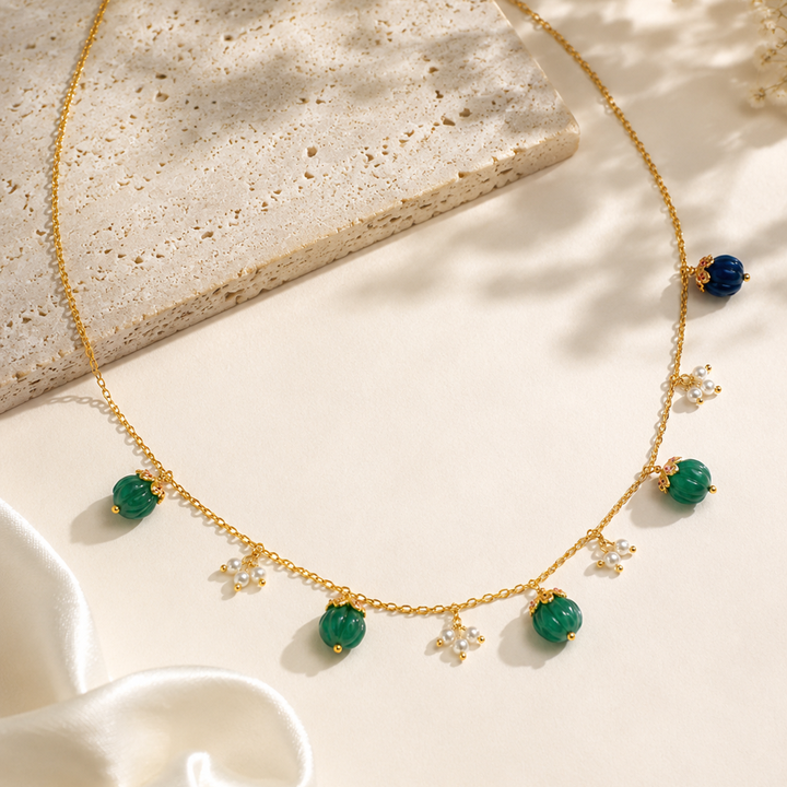 925 Sterling Silver Delicate Mellon Bead with Pink Zircon Cap Necklace (Gold Plating)