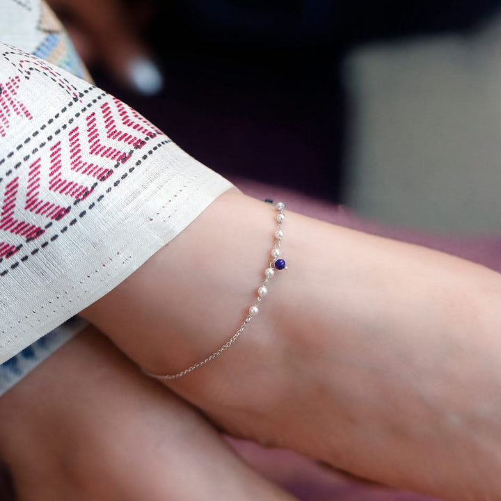 925 Pure Silver Minimalist Pearl & Blue Bead Anklet