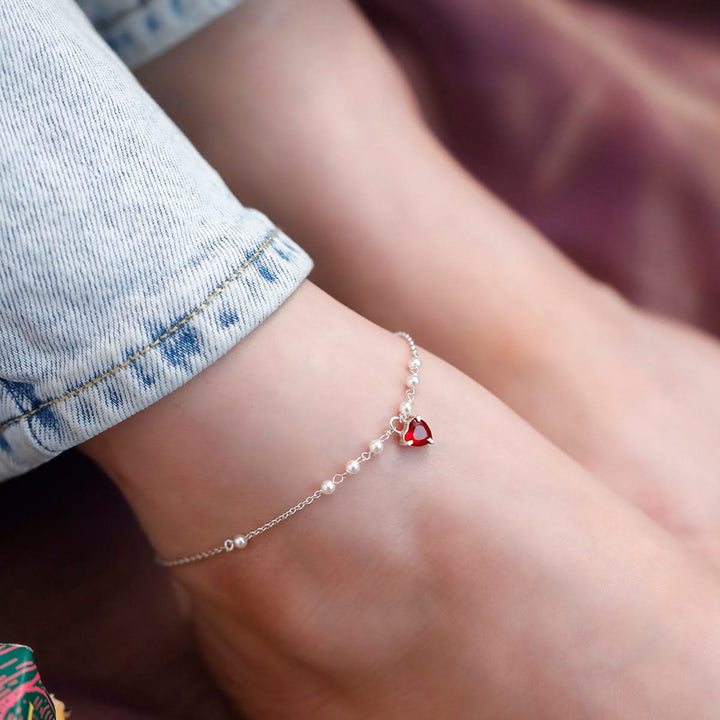 925 Pure Silver Delicate Pearl & Dangle Heart Anklet