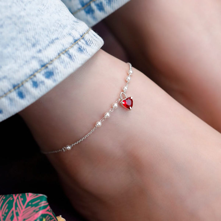 925 Pure Silver Delicate Pearl & Dangle Heart Anklet