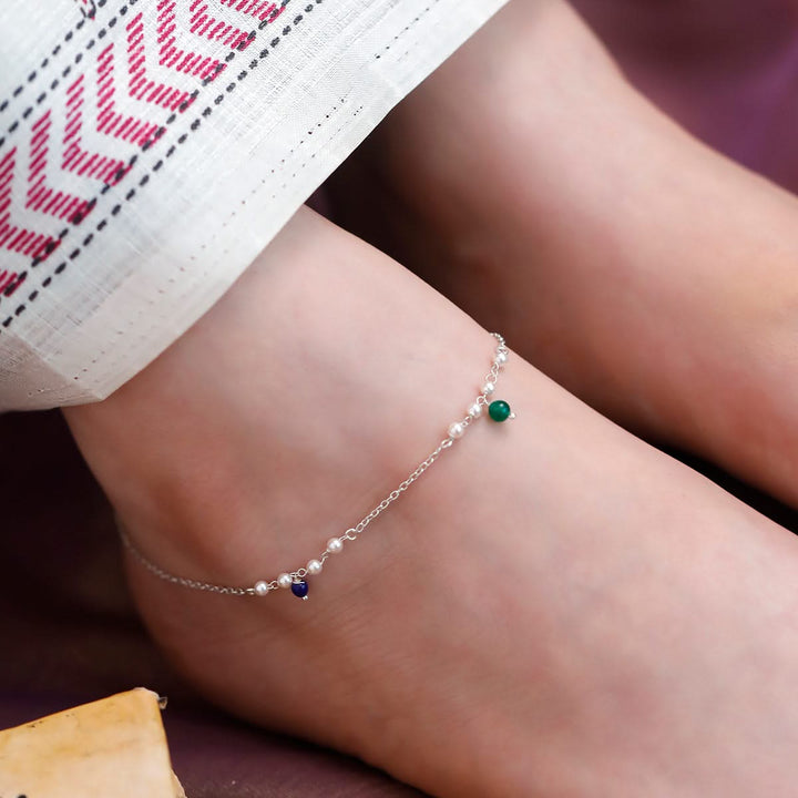 925 Pure Silver Delicate Pearl & Dangle Bead Anklet