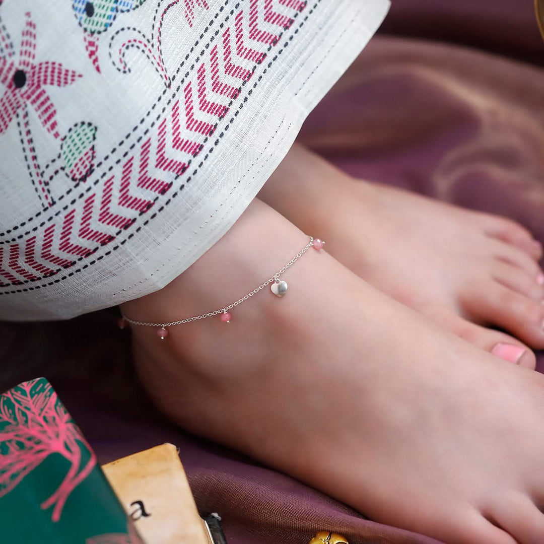 925 Pure Silver Delicate Hanging Bead & Heart Anklet