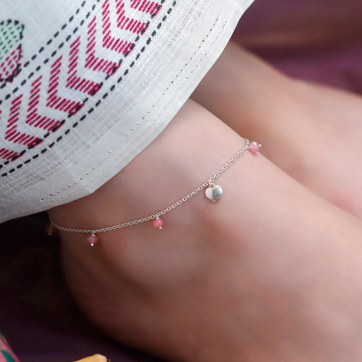 925 Pure Silver Delicate Hanging Bead & Heart Anklet