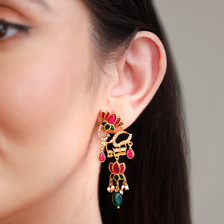 925 Pure Silver Red Lotus Kundan Elephant Earrings