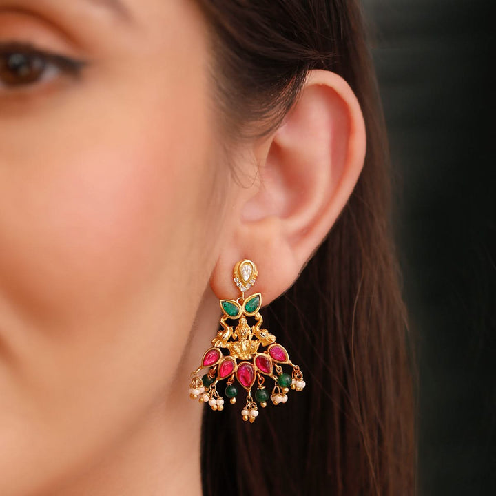 925 Pure Silver Gold-Plated Ashta Lakshmi Colored stone Earrings