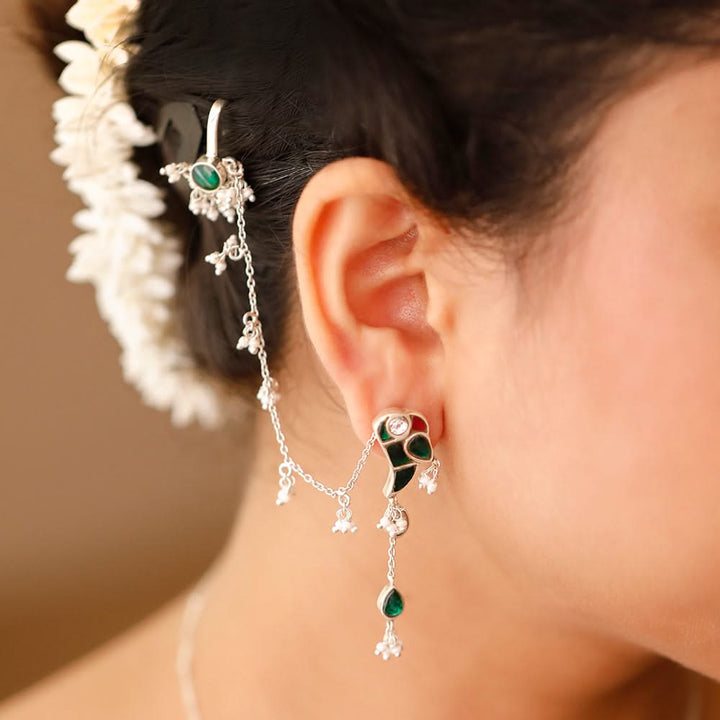 Mithu Dual Charm Silver Chain Earrings