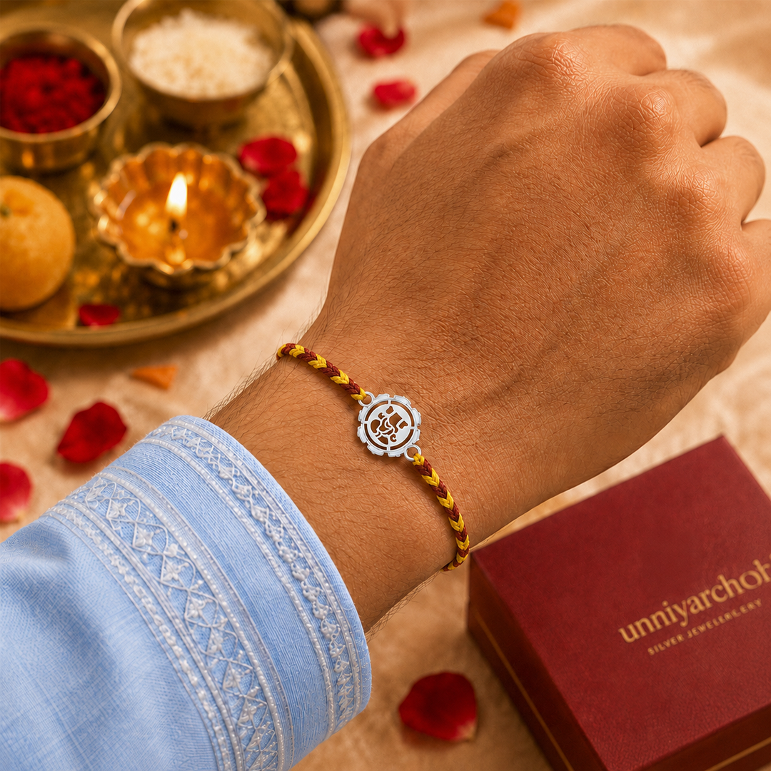 Unniyarcha 925 Pure Silver Ganesha Rakhi with Chandan Tilak set