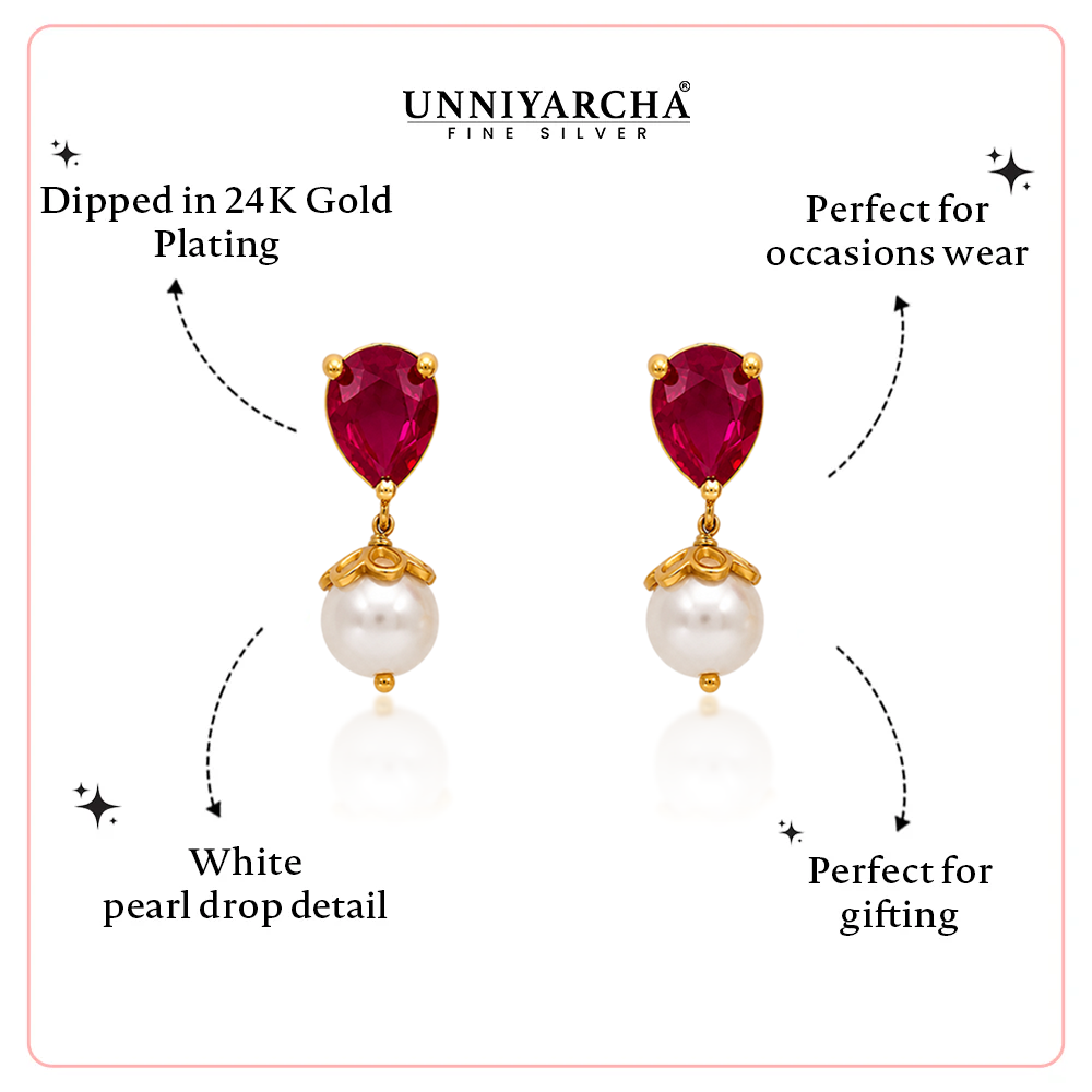 Unniyarcha 925 Pure Silver Red Drop Pearl Stud Earrings