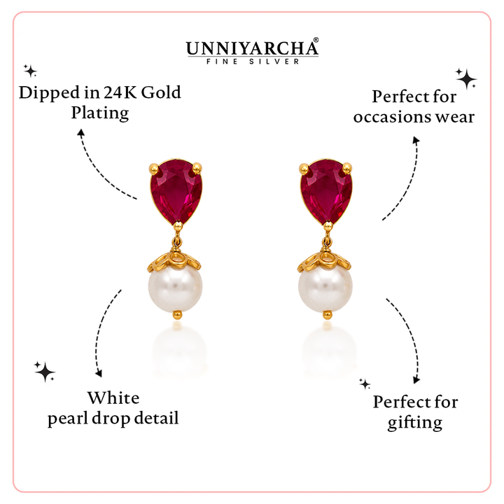 Unniyarcha 925 Pure Silver Red Drop Pearl Stud Earrings