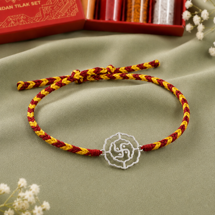 Unniyarcha 925 Pure Silver Swastik Rakhi with Chandan Tilak set