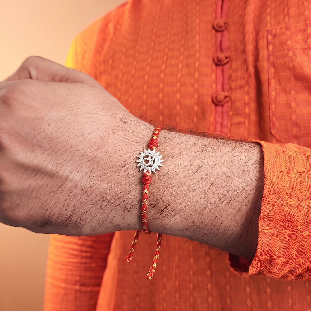 Pure 92.5 Traditional Om Silver Rakhi with Chandan Tilak Set