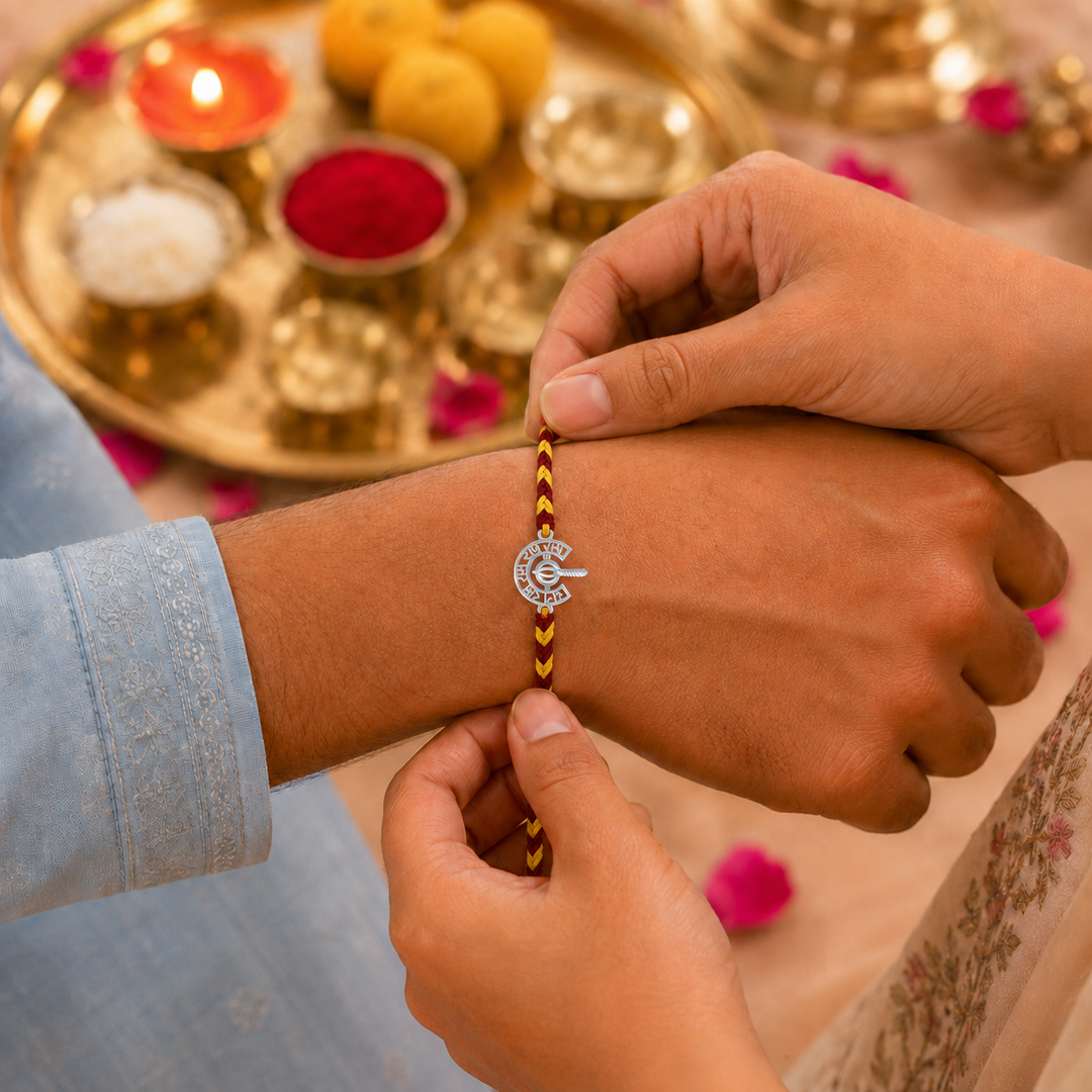 Unniyarcha 925 Silver Ram and Hanuman gada Rakhi with Chandan Tilak set