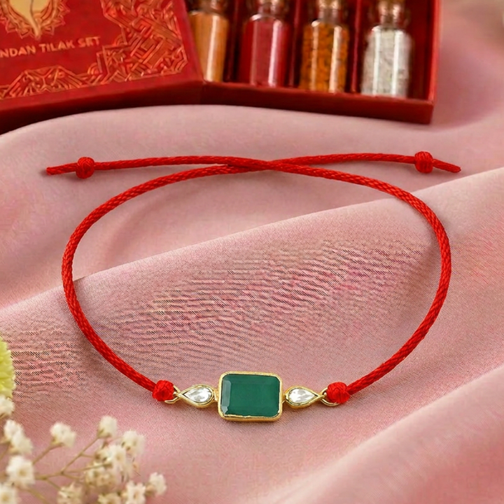 92.5 silver Green Rakhi with Chandan Tilak Set