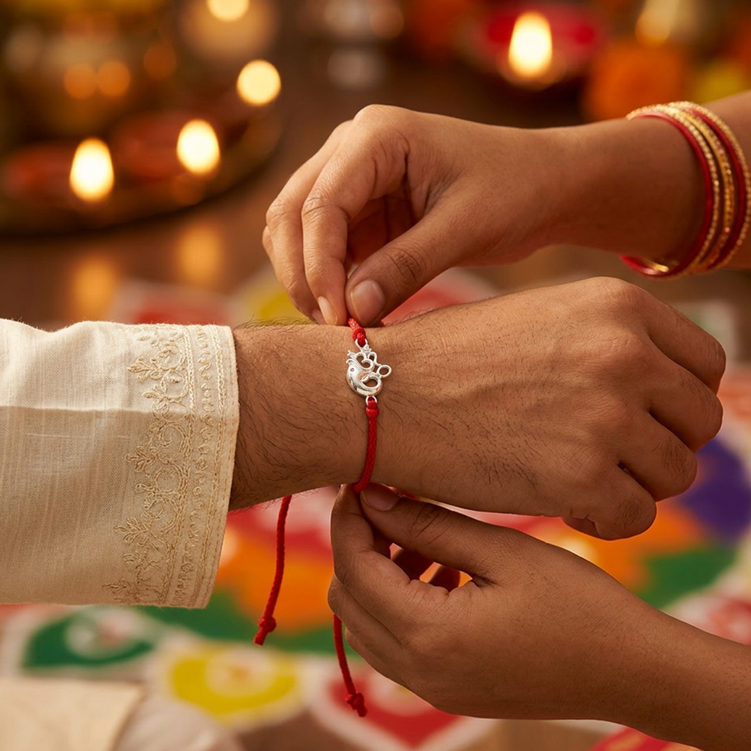 Pure 92.5 Silver Om Ganpati Rakhi with Chandan Tilak Set
