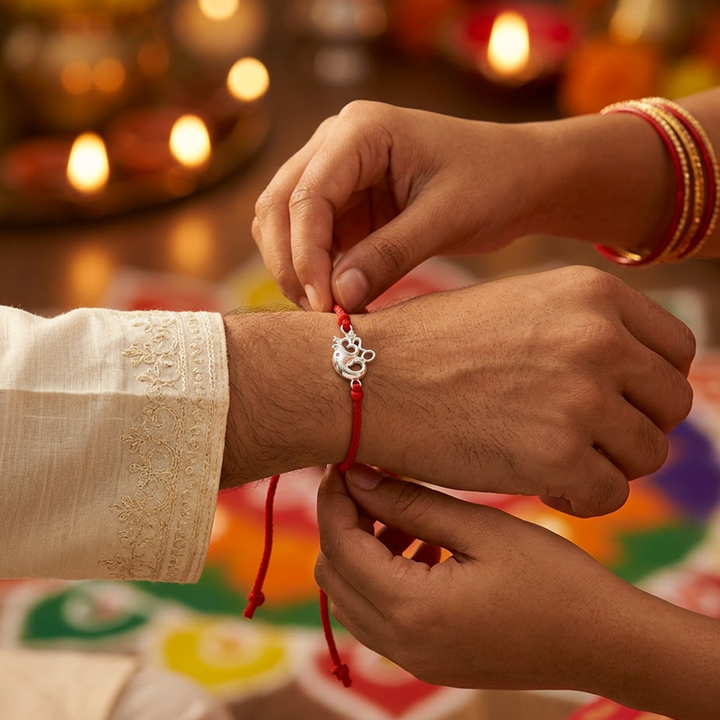 Pure 92.5 Silver Om Ganpati Rakhi with Chandan Tilak Set