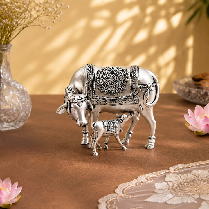 925 Sterling Silver Kamdhenu Cow & Calf Idol