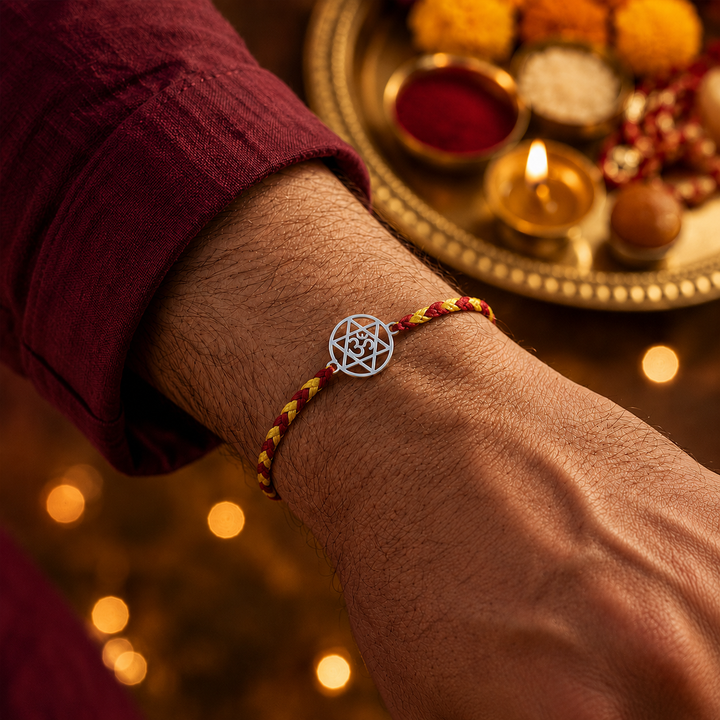 Unniyarcha 925 Pure Silver Om Rakhi with Chandan Tilak set
