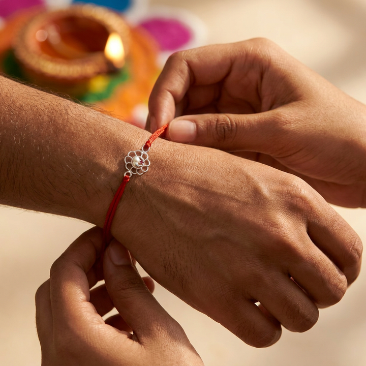 Pure 92.5 Silver Flower Rakhi with Chandan Tilak Set