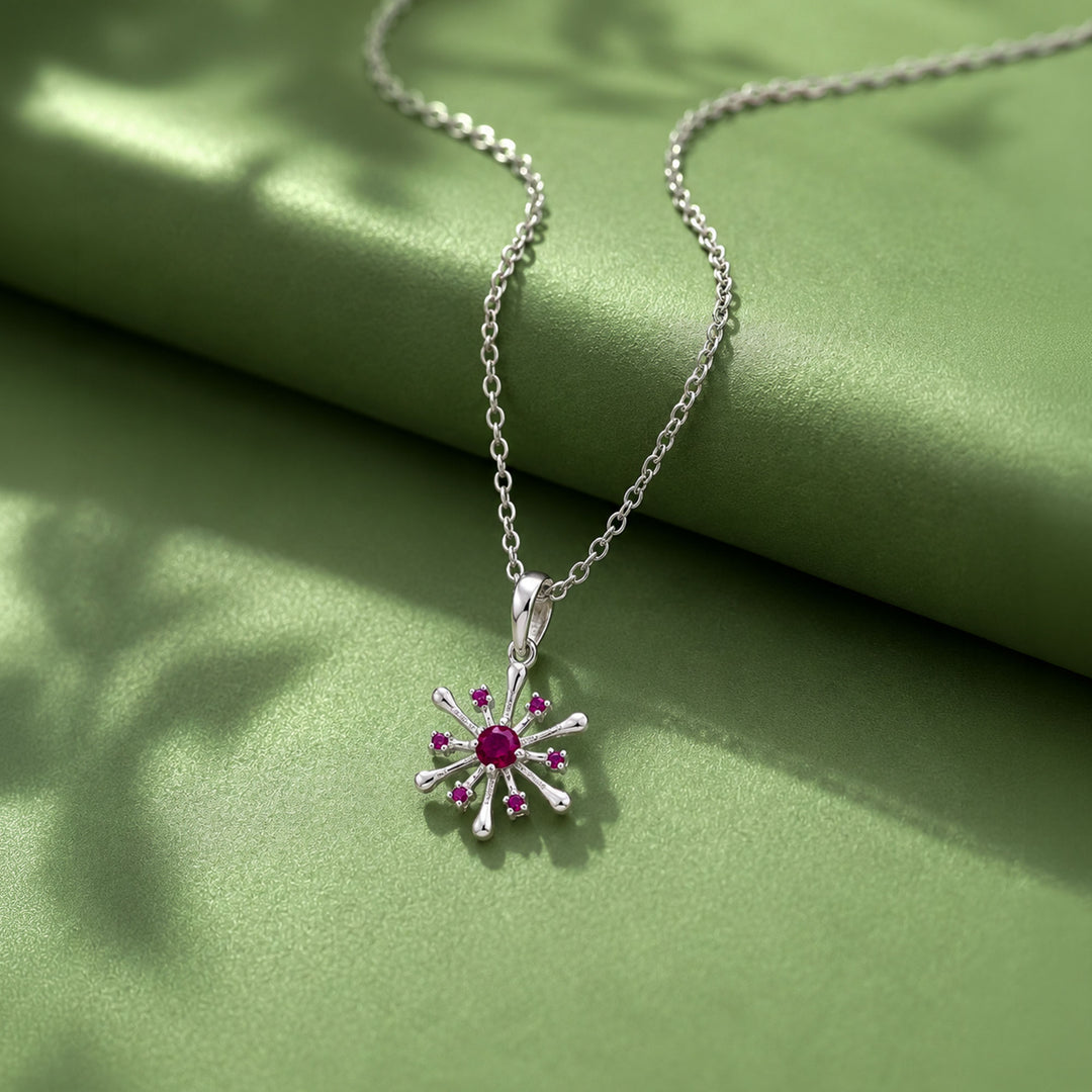 925 Pure Silver Red Zircon Snowflake Starburst Pendant Necklace