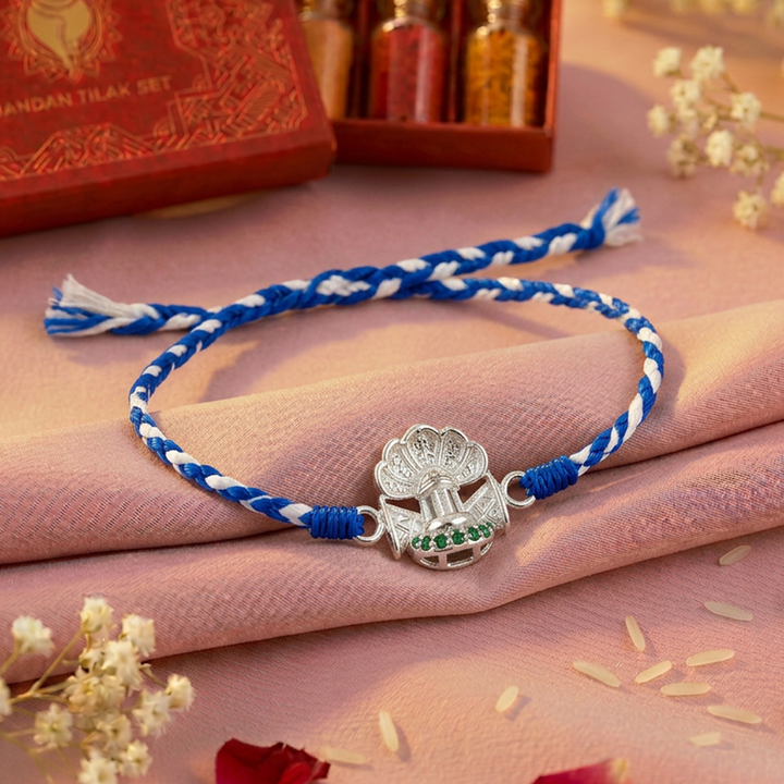 Pure 92.5 Silver Shivling Rakhi with Chandan Tilak Set
