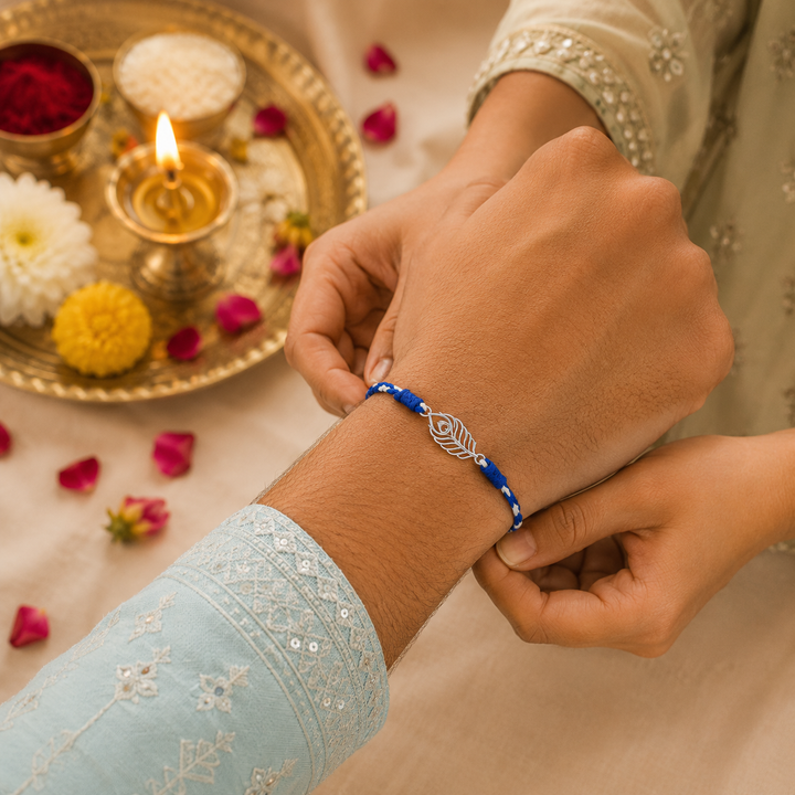 Pure 92.5 Morpankh Silver Rakhi with Chandan Tilak Set