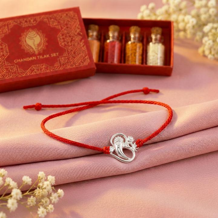 Pure 92.5 Silver Ganesha Om Rakhi with Chandan Tilak Set