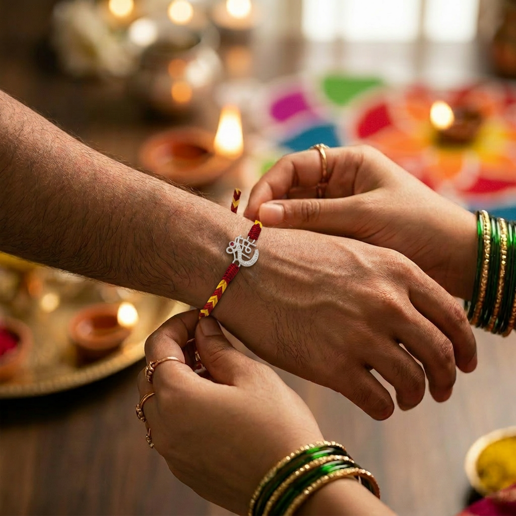 Pure 92.5 Shri Ram Silver Rakhi with Chandan Tilak Set