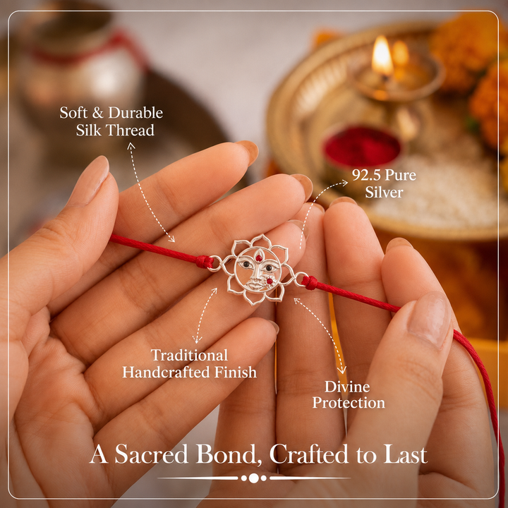 92.5 Silver Durga Maa Red Thread Rakhi with Chandan Tilak set