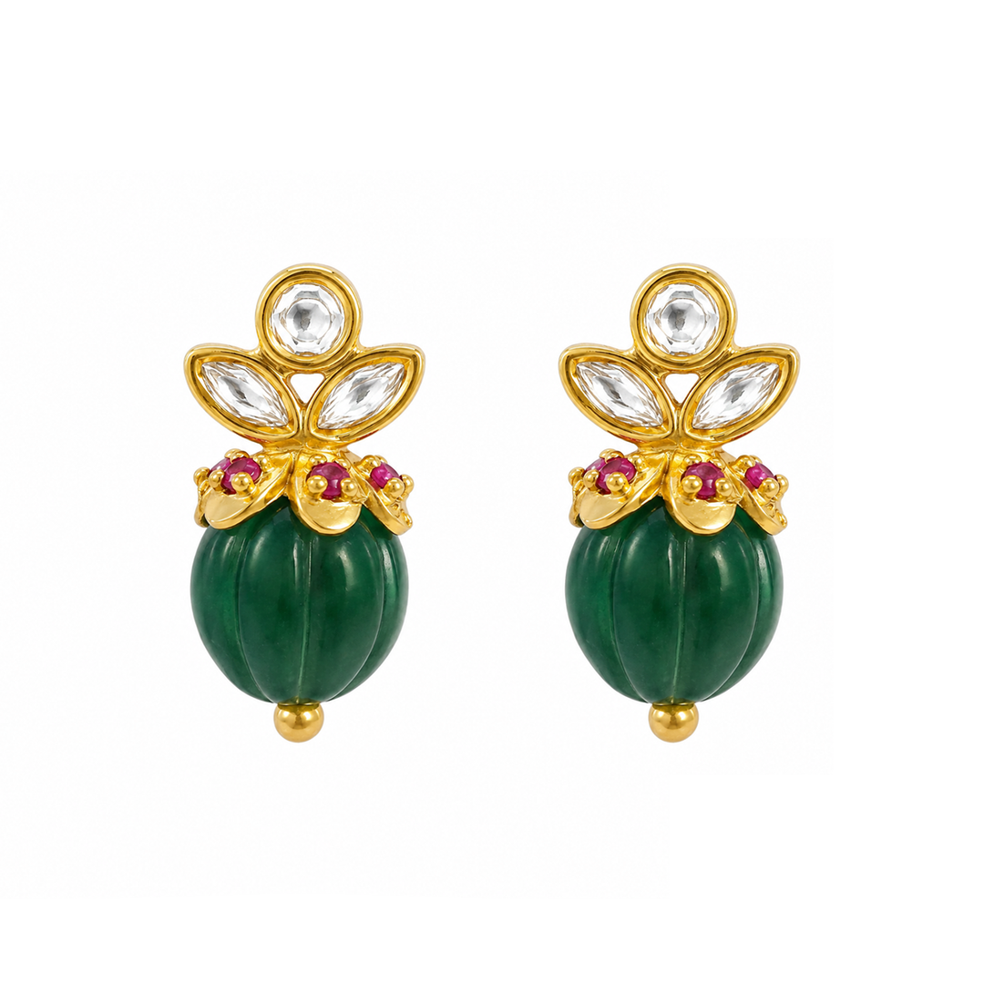 925 Sterling Silver Heirloom Mellon Bead Stud Earrings (Gold Plated)