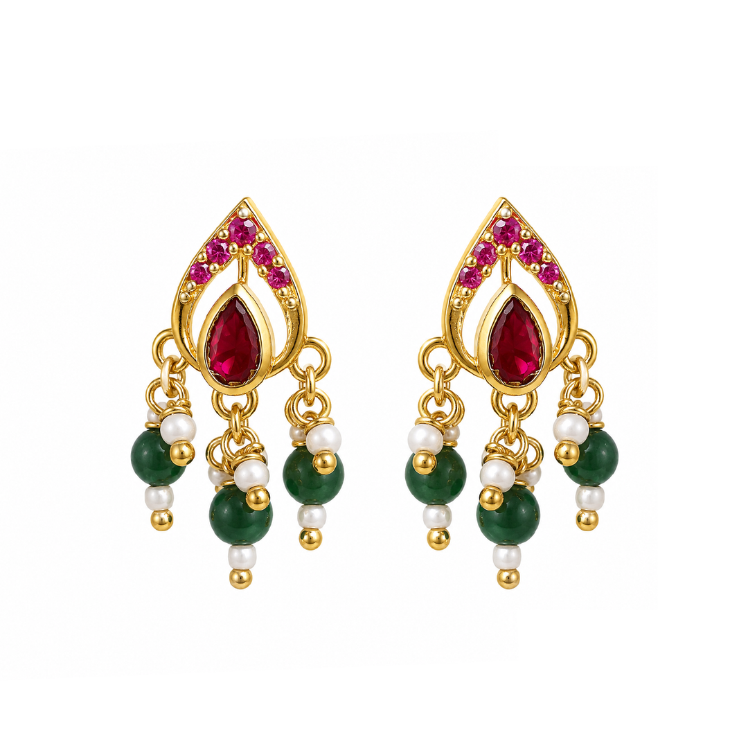 925 Sterling Silver Heirloom Pink Kundan & Green Bead Earrings (Gold Plating)
