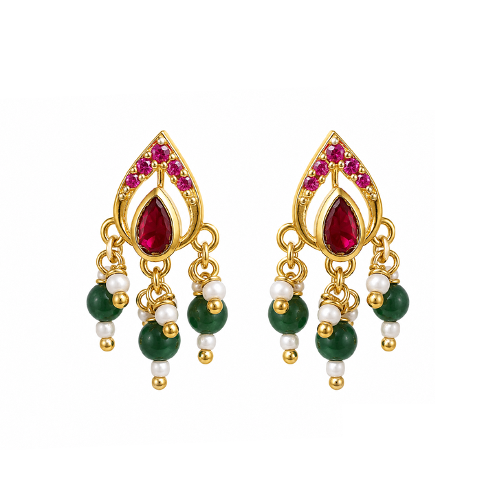 925 Sterling Silver Heirloom Pink Kundan & Green Bead Earrings (Gold Plating)