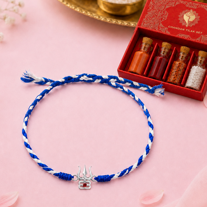 Unniyarcha 925 Silver Trishul with Tripundra Rakhi with Chandan Tilak set