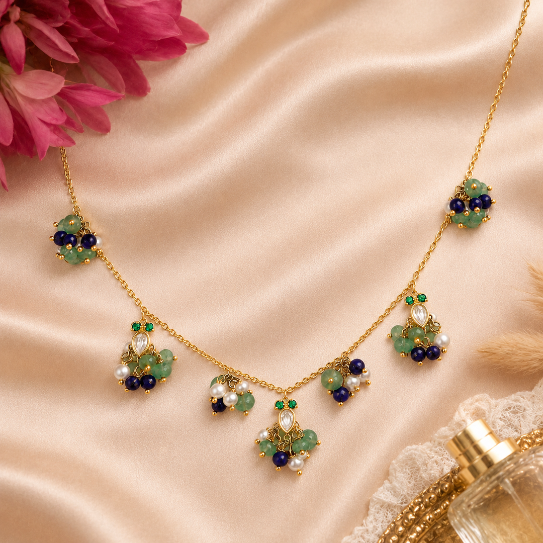 925 Sterling Silver Delicate Colored Bead Necklace (Gold Plating)