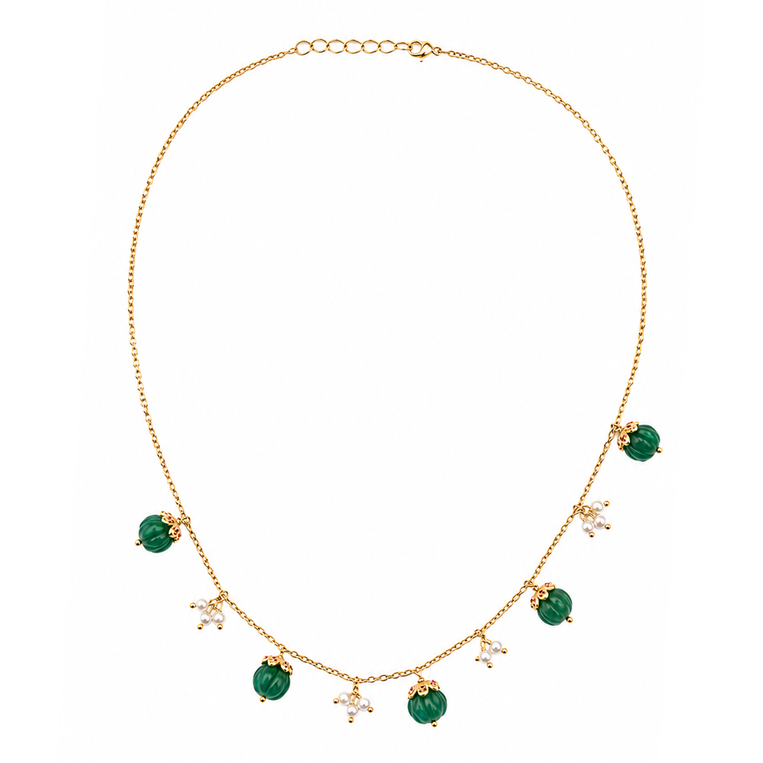 925 Sterling Silver Delicate Mellon Bead with Pink Zircon Cap Necklace (Gold Plating)