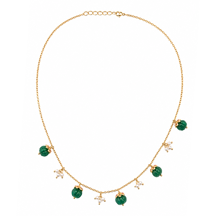925 Sterling Silver Delicate Mellon Bead with Pink Zircon Cap Necklace (Gold Plating)