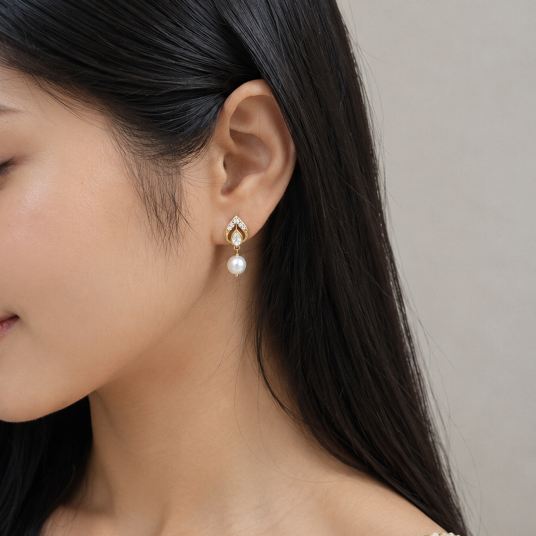 925 Sterling Silver Heirloom Pear Motif White Kundan & Pearl Stud Earrings (Gold Plating)