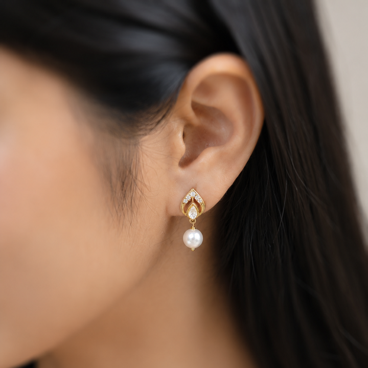 925 Sterling Silver Heirloom Pear Motif White Kundan & Pearl Stud Earrings (Gold Plating)